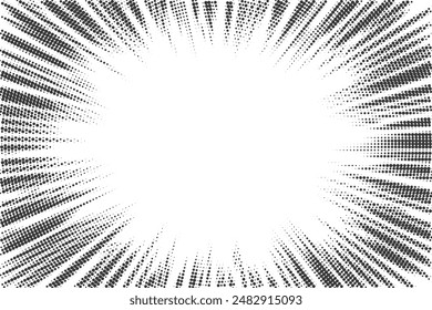 Efecto de líneas de velocidad para cómics y libros de manga. Elemento gráfico abstracto de movimiento rápido de Vector. Explosión radial a rayas de semitono aislado en bg blanco. Bastidor de explosión monocromo