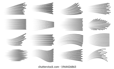 Speed lines effect. Fast motion manga or comic linear patterns. Horizontal and wavy car movement stripes or anime action dynamic vector set. Different waves for book explosion, movement