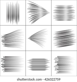 Schnelle Linien Fliegende Teilchen Kämpfen Stempel Manga Grafik. Sonnenstrahlen oder Stern platzen Schwarze Vektorillustration auf weißem Hintergrund