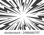 Speed lines in frame for manga comics book. Radial motion background with flash and lightning. Monochrome explosion and flash glow. Vector concentric textured illustration.