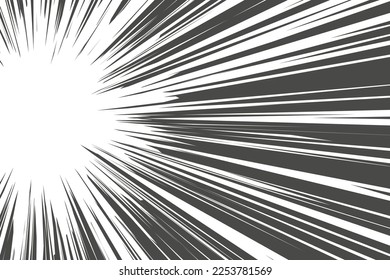 Speed lines in frame for manga comics book. Radial motion background. Monochrome explosion and flash glow. Vector illustration