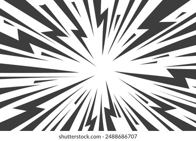 Speed lines in frame for manga comics book. Radial motion background with flash and lightning. Monochrome explosion and flash glow. Vector concentric textured illustration.