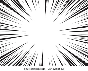 Speed lines in frame for manga comics book. Radial motion background. Monochrome explosion and flash glow. Vector concentric textured illustration
