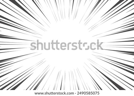 Speed lines in frame for manga comics book. Radial motion background. Monochrome explosion and flash glow. Vector concentric textured illustration.