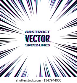 Speed lines with glitch effect on white background. Effect motion lines for comic book and manga. Radial rays from center of frame with effect explosion. Template for design. Vector
