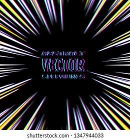 Speed lines with glitch effect on black background. Effect motion lines for comic book and manga. Radial rays from center of frame with effect explosion. Template for design. Vector