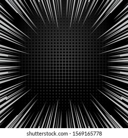 Speed lines and halftone background with space for text. Effect motion lines for comic book, manga. Radial rays with effect explosion. Template for web and print design. Black and white vector