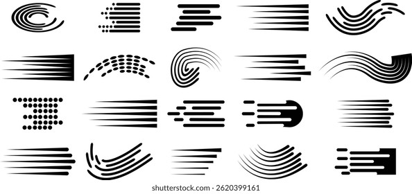 Speed lines icon set of fast motion symbols. Comic and manga books speed lines vector collection isolated on transparent background Manga speed frame superhero action explosion elements for web or app