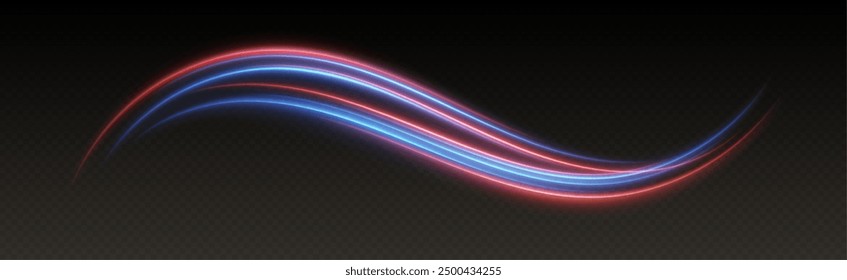 Speed lines light effect, glowing magic rays, abstract neon lines. Police or car lights in motion concept. Vector illustration.