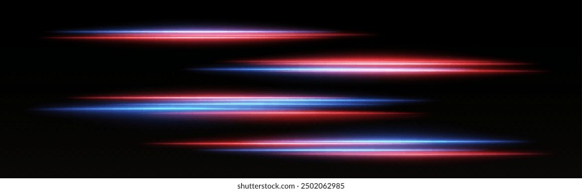 Speed lines light effect, glowing magic rays, abstract neon lines. Police or car lights in motion concept. Vector illustration.