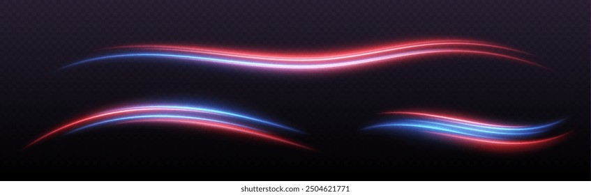 Speed lines light effect, glowing magic swirls, abstract neon lines. Police or car lights in motion concept. Vector illustration.