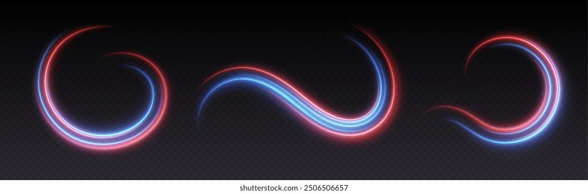 Speed lines light effect, glowing magic swirls, abstract neon lines. Police or car lights in motion concept. Vector illustration.