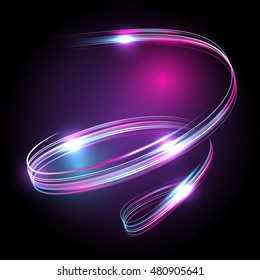 Speed lines with light effect on a purple background. Vector Glowing neon spiral.