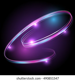 Speed lines with light effect on a purple background. Vector Glowing neon spiral.