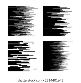 Speed lines. Line gradient patterns, horizontal white and black motion graphic. Monochrome abstract halftone pixel texture, comic book effect vector set. Dynamic anime background collection