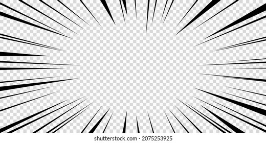 Speed Lines As Manga Comic Effect On Transparent Background. Cartoon Anime Action Background. Vector Illustration Of Blast Motion Effect Or Explosion Frame. Flash Ray Blast Glow.