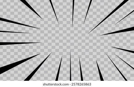 Speed lines as manga comic effect on transparent background. Cartoon anime action background. Vector illustration of blast motion effect or explosion frame. Flash ray blast glow.