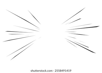 Speed lines manga effect. Comic motion element. Radial burst and flash perspective lines. Boom graphic of explosion. Abstract roar force and scream with sparks. Superhero power