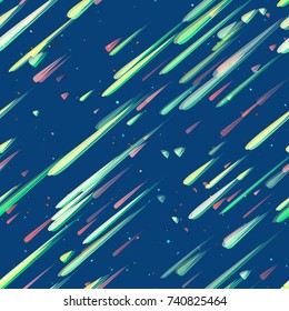 Speed Lines, Neon Light Particles, Stripes Print Design. Seamless Pattern with Moving Fast Shooting Stars, Meteorites on Dark Space Background. Fabric, Holiday, Packaging, Cover, Ad, Fashion Pattern