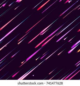 Speed Lines, Neon Light Particles, Stripes Print Design. Seamless Pattern with Moving Fast Shooting Stars, Meteorites on Dark Space Background. Fabric, Holiday, Packaging, Cover, Ad, Fashion Pattern
