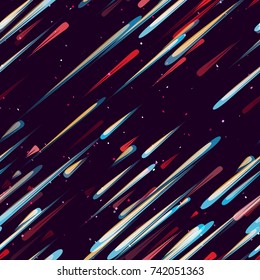 Speed Lines, Neon Light Particles, Stripes Print Design. Seamless Pattern with Moving Fast Shooting Stars, Meteorites on Dark Space Background. Fabric, Holiday, Packaging, Cover, Ad, Fashion Pattern