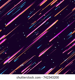 Speed Lines, Neon Light Particles, Stripes Seamless Pattern Design. Moving Fast Shooting Stars, Meteorites on Dark Space Background. Seamless Holiday, Fabric, Cover, Ad, Fashion Pattern