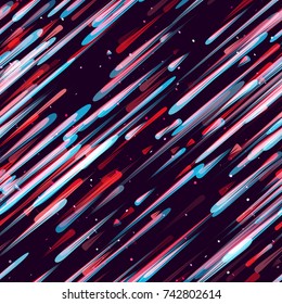 Speed Lines, Neon Light Particles, Stripes Print Design. Seamless Pattern with Moving Fast Shooting Stars, Meteorites on Dark Space Background. Fabric, Holiday, Packaging, Cover, Ad, Fashion Pattern