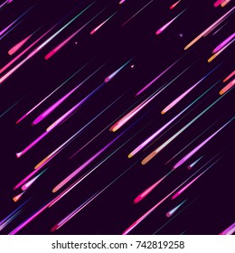 Speed Lines, Neon Light Particles, Stripes Print Design. Seamless Pattern With Moving Fast Shooting Stars, Meteorites On Dark Space Background. Fabric, Holiday, Packaging, Cover, Ad, Fashion Pattern