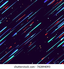 Speed Lines, Neon Light Particles, Stripes Seamless Pattern Design. Moving Fast Shooting Stars, Meteorites on Dark Space Background. Seamless Holiday, Fabric, Cover, Ad, Fashion Pattern