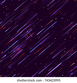 Speed Lines, Neon Light Particles, Stripes Print Design. Seamless Pattern with Moving Fast Shooting Stars, Meteorites on Dark Space Background. Fabric, Holiday, Packaging, Cover, Ad, Fashion Pattern