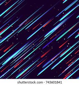 Speed Lines, Neon Light Particles, Stripes Seamless Pattern Design. Moving Fast Shooting Stars, Meteorites on Dark Space Background. Seamless Holiday, Fabric, Cover, Ad, Fashion Pattern