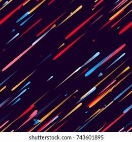Speed Lines, Neon Light Particles, Stripes Seamless Pattern Design. Moving Fast Shooting Stars, Meteorites on Dark Space Background. Seamless Holiday, Fabric, Cover, Ad, Fashion Pattern