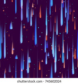 Speed Lines, Neon Light Particles, Stripes Print Design. Seamless Pattern with Moving Fast Shooting Stars, Meteorites on Dark Space Background. Fabric, Holiday, Packaging, Cover, Ad, Fashion Pattern