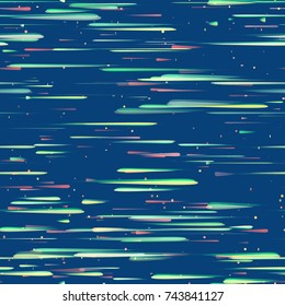 Speed Lines, Neon Light Particles, Stripes Print Design. Seamless Pattern with Moving Fast Shooting Stars, Meteorites on Dark Space Background. Fabric, Holiday, Packaging, Cover, Ad, Fashion Pattern