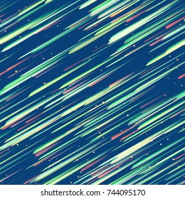 Speed Lines, Neon Light Particles, Stripes Print Design. Seamless Pattern with Moving Fast Shooting Stars, Meteorites on Dark Space Background. Fabric, Holiday, Packaging, Cover, Ad, Fashion Pattern