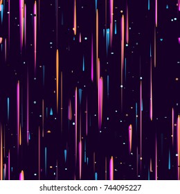 Speed Lines, Neon Light Particles, Stripes Seamless Pattern Design. Moving Fast Shooting Stars, Meteorites on Dark Space Background. Seamless Holiday, Fabric, Cover, Ad, Fashion Pattern