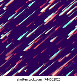 Speed Lines, Neon Light Particles, Stripes Seamless Pattern Design. Moving Fast Shooting Stars, Meteorites on Dark Space Background. Seamless Holiday, Fabric, Cover, Ad, Fashion Pattern