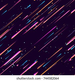 Linhas de Velocidade, Partículas de Luz de Neon, Listras Design de Padrão Sem Costura. Movendo Estrelas de Tiro Rápidas, Meteoritos no Fundo do Espaço Escuro. Feriado sem costura, tecido, capa, anúncio, padrão de moda