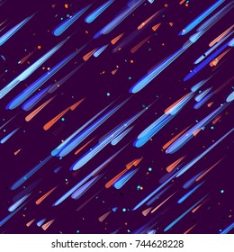 Speed Lines, Neon Light Particles, Stripes Print Design. Seamless Pattern with Moving Fast Shooting Stars, Meteorites on Dark Space Background. Fabric, Holiday, Packaging, Cover, Ad, Fashion Pattern