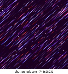 Speed Lines, Neon Light Particles, Stripes Print Design. Seamless Pattern with Moving Fast Shooting Stars, Meteorites on Dark Space Background. Fabric, Holiday, Packaging, Cover, Ad, Fashion Pattern