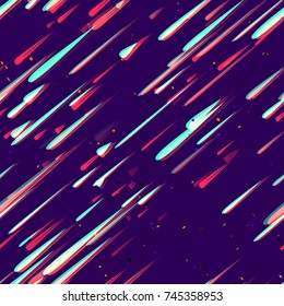 Speed Lines, Neon Light Particles, Stripes Seamless Pattern Design. Moving Fast Shooting Stars, Meteorites on Dark Space Background. Seamless Holiday, Fabric, Cover, Ad, Fashion Pattern