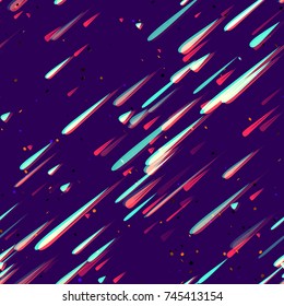 Speed Lines, Neon Light Particles, Stripes Print Design. Seamless Pattern with Moving Fast Shooting Stars, Meteorites on Dark Space Background. Fabric, Holiday, Packaging, Cover, Ad, Fashion Pattern