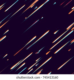 Speed Lines, Neon Light Particles, Stripes Seamless Pattern Design. Moving Fast Shooting Stars, Meteorites on Dark Space Background. Seamless Holiday, Fabric, Cover, Ad, Fashion Pattern
