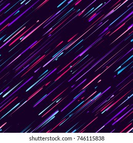 Speed Lines, Neon Light Particles, Stripes Seamless Pattern Design. Moving Fast Shooting Stars, Meteorites on Dark Space Background. Seamless Holiday, Fabric, Cover, Ad, Fashion Pattern