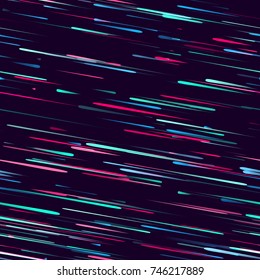 Speed Lines, Neon Light Particles, Stripes Seamless Pattern Design. Moving Fast Shooting Stars, Meteorites on Dark Space Background. Seamless Holiday, Fabric, Cover, Ad, Fashion Pattern