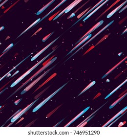 Speed Lines, Neon Light Particles, Stripes Print Design. Seamless Pattern with Moving Fast Shooting Stars, Meteorites on Dark Space Background. Fabric, Holiday, Packaging, Cover, Ad, Fashion Pattern