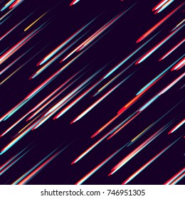 Speed Lines, Neon Light Particles, Stripes Seamless Pattern Design. Moving Fast Shooting Stars, Meteorites on Dark Space Background. Seamless Holiday, Fabric, Cover, Ad, Fashion Pattern
