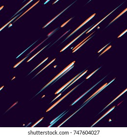 Speed Lines, Neon Light Particles, Stripes Seamless Pattern Design. Moving Fast Shooting Stars, Meteorites on Dark Space Background. Seamless Holiday, Fabric, Cover, Ad, Fashion Pattern