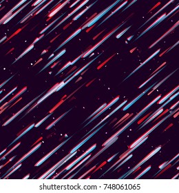 Speed Lines, Neon Light Particles, Stripes Print Design. Seamless Pattern with Moving Fast Shooting Stars, Meteorites on Dark Space Background. Fabric, Holiday, Packaging, Cover, Ad, Fashion Pattern