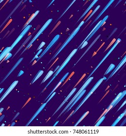 Speed Lines, Neon Light Particles, Stripes Print Design. Seamless Pattern with Moving Fast Shooting Stars, Meteorites on Dark Space Background. Fabric, Holiday, Packaging, Cover, Ad, Fashion Pattern